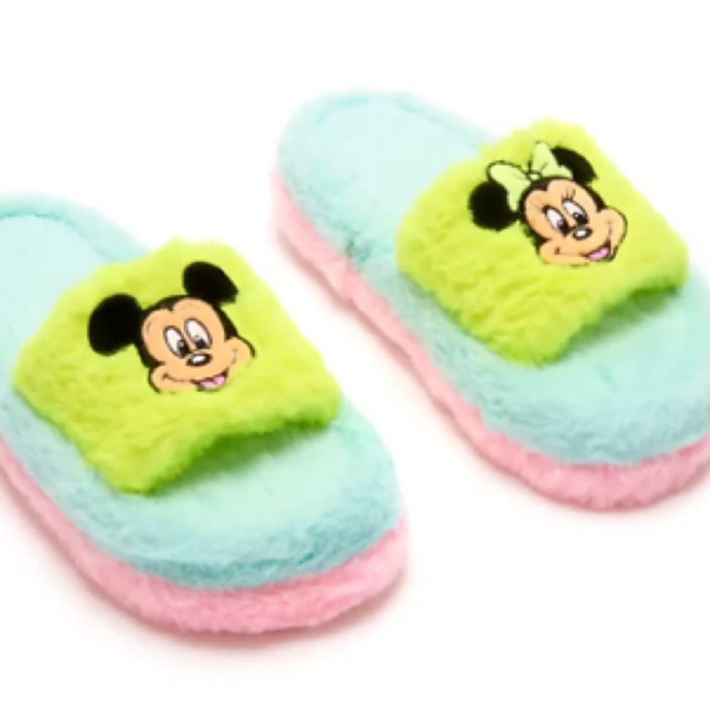 Disney Parks Retro Minnie Mickey Mouse Pastel Fuzzy Slippers - Picture 3 of 4